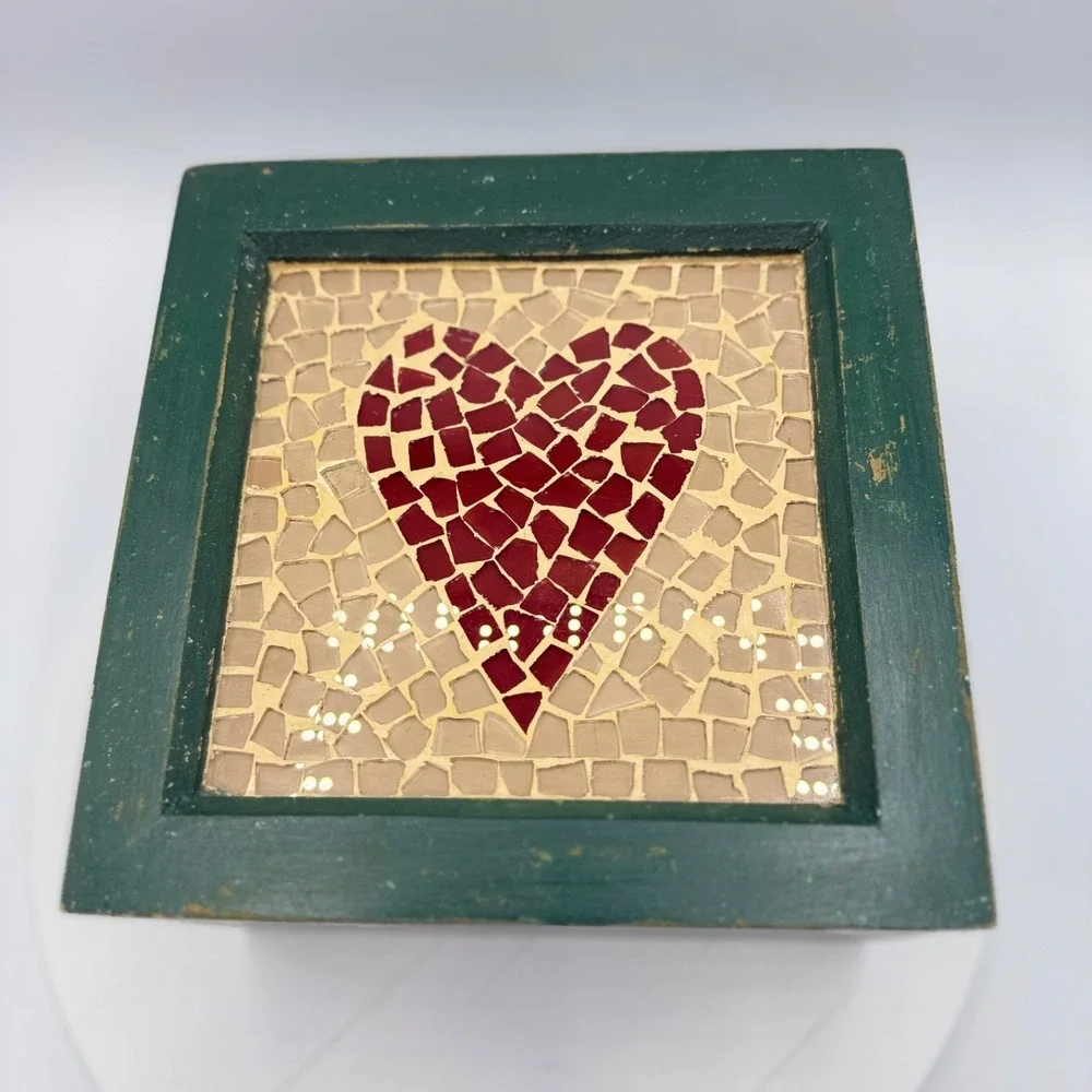 Vintage Wooden Green Lidded Box w/ Tile Mosaic Heart Cottagecore Country Chic